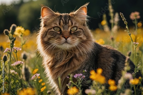 A fluppy cat sitting in a field of wildflowers, basking in the warm sunlight