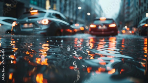 Devastating Flood Wrecks City Streets: Submerged Cars & Buildings. Dramatic Disaster Image for News Media, Climate Change Awareness Campaigns & Environmental Protection Advocacy © JovialFox