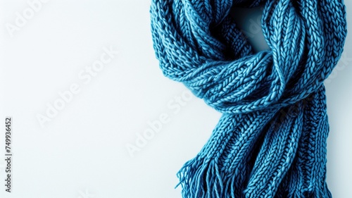 A vibrant blue knitted scarf tied in a knot, isolated on a white background