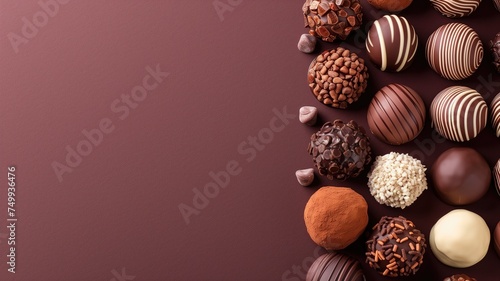 A decadent selection of assorted gourmet chocolates on a maroon background