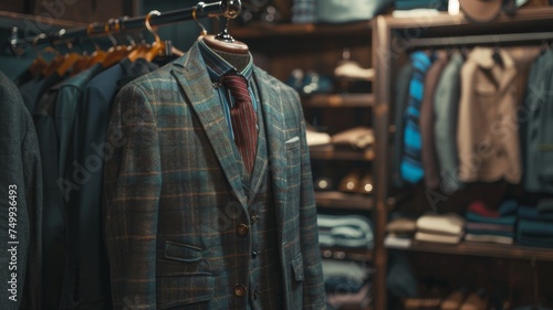A classic suit displayed in a clothing store, showcasing timeless elegance and style.