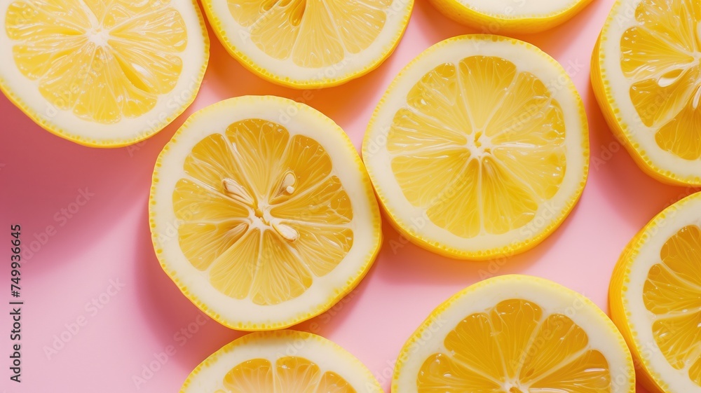 Bright yellow lemon slices arranged on a soft pink background Bright yellow lemon slices arranged on a soft pink background