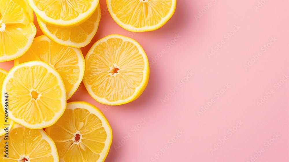 Brightly sliced lemons arrayed on a soft pink surface, evoking freshness Brightly sliced lemons arrayed on a soft pink surface, evoking freshness