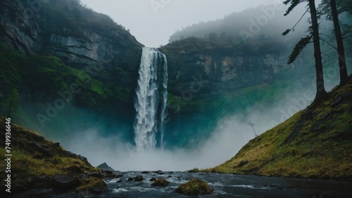 Capture the awe-inspiring sight of a towering waterfall plunging into a misty gorge © Muh