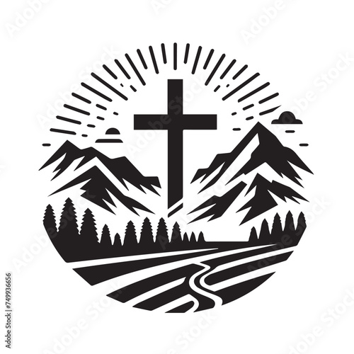 cross in the mountain logo simple vector 