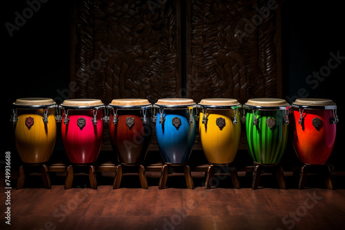 Colorful conga drum set on dark background photo