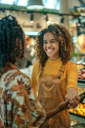 A satisfied customer expressing gratitude to a helpful salesperson in a retail store, showcasing exceptional customer service and personalized attention. © Degimages