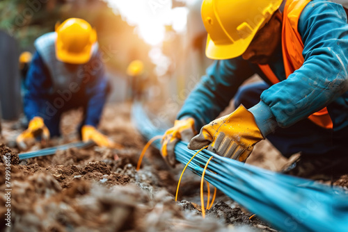 Telecommunication engineers in hard hats installing fiber optic cables underground, enhancing high-speed internet connectivity for urban areas. photo