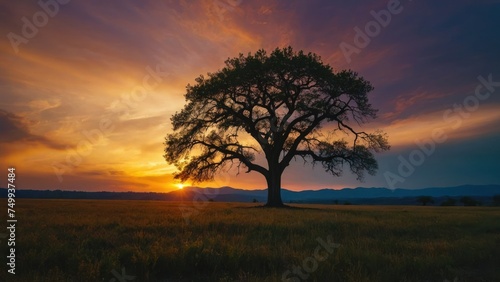 Focus on the majestic silhouette of a lone tree against the backdrop of a colorful sunset