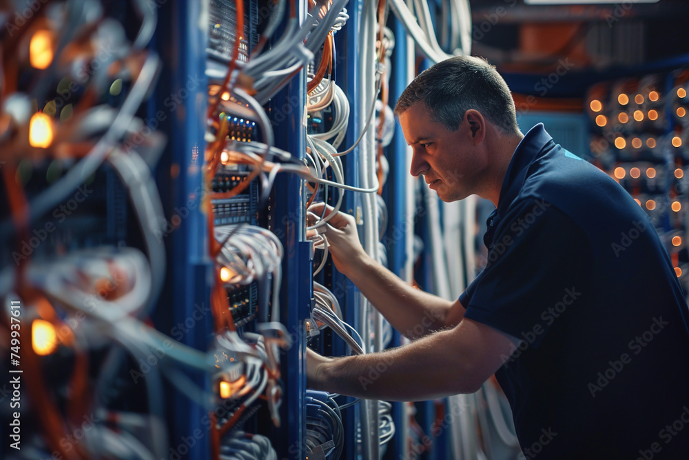 Technicians splicing fiber optic cables in a server room, ensuring reliable high-speed internet connectivity for businesses and communities. - obrazy, fototapety, plakaty 