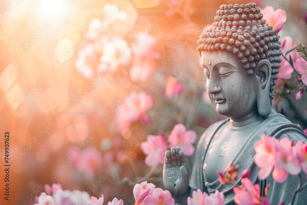 Buddha statue. background blurred flowers and sky with the light of the sun, copy space - generative ai