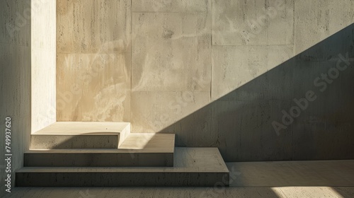 Architectural detail of a modern concrete staircase, with the interplay of sunlight and shadow creating a minimalist aesthetic.