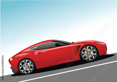 Red car coupe on the road. 3d vector color illustration © Leo