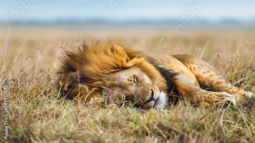 A big lion lies on the grass