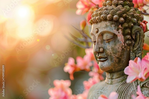 Buddha statue. background blurred flowers and sky with the light of the sun, copy space - generative ai © Nia™