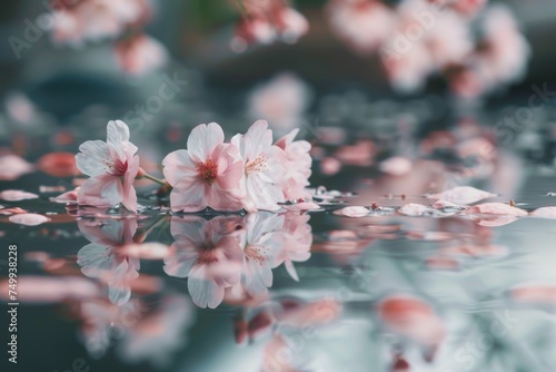 A serene pond reflecting the soft pink petals of cherry blossoms. 
