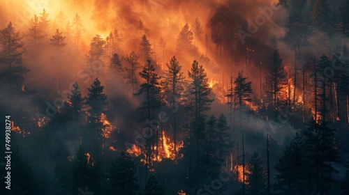 Environmental Devastation: Wildfire Tears Through Forest, Smoke Chokes the Sky. A Stark Reminder of Climate Threats