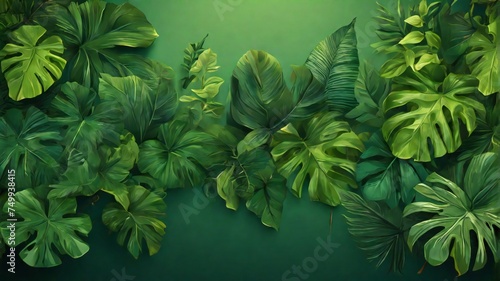 green background with leaves and tropical plants. beautiful design for poster  banner  social media  advertising. generative ai