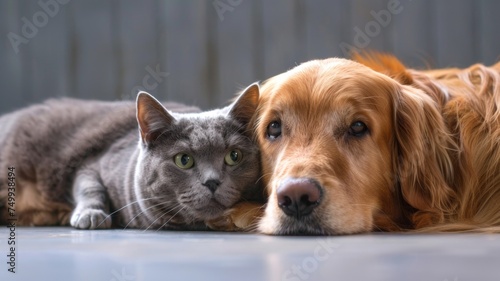 Dogs and cats live side by side peacefully. Shows a harmonious friendship.