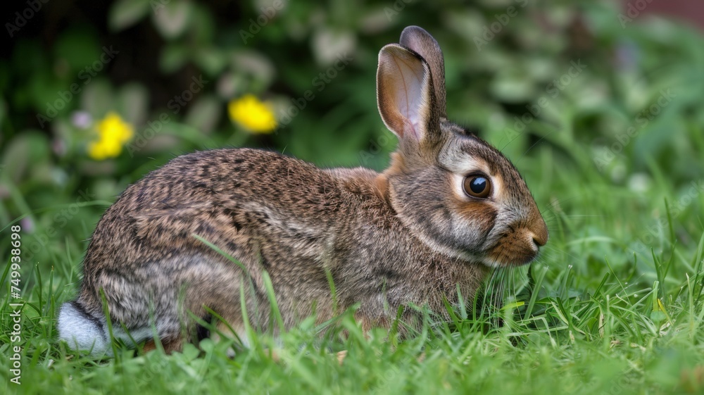 Fototapeta premium A brown rabbit sits on the grass, enjoying its surroundings.