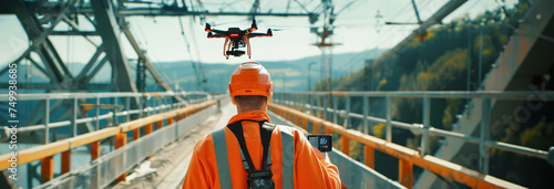Engineers with remote controllers, drones inspecting bridges, utilizing advanced technology for infrastructure assessments and maintenance.