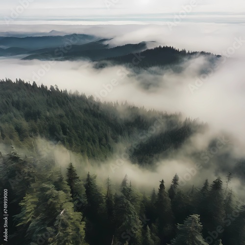 view of green forest from above  rolling mist. beautiful landscape for posters  social media  web. generative ai