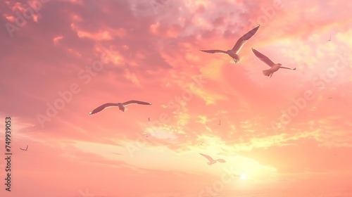 Seagulls flying overhead against a pink and orange sunset sky, with copy space