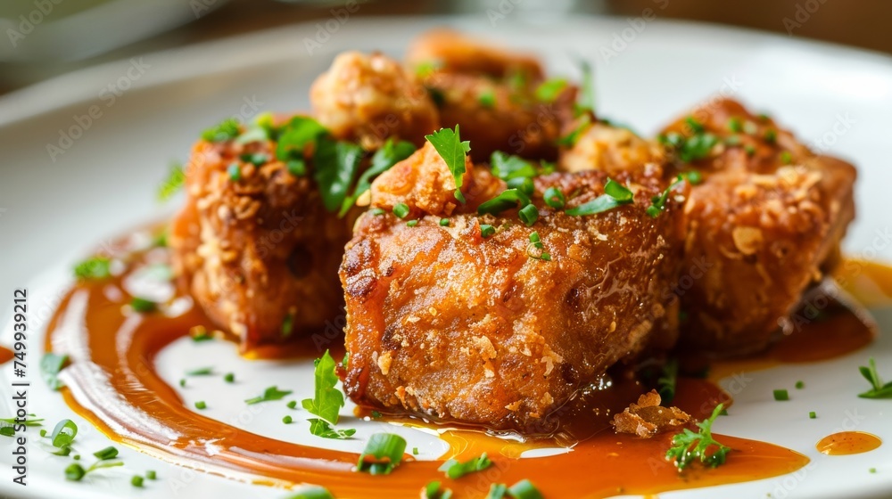 A mouth-watering close-up shot of golden-brown fried chicken pieces garnished with herbs and glazed to perfection