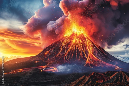 Volcanic Spectacle: Fiery Eruption Launches Lava and Ash. Witness Nature's Raw Power. Breathtaking Stock Photo for Travel Documentaries, Science Magazines, and Nature Posters