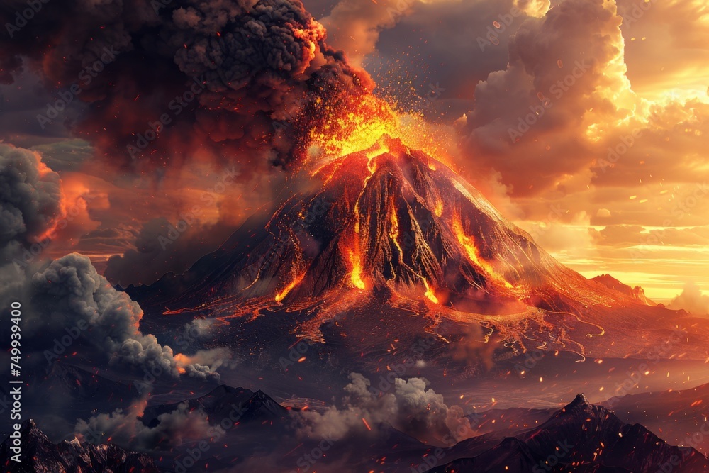 Volcanic Fury: Lava Erupts from a Sizzling Crater, Ash Clouds Billowing Skyward. Nature's Power in Action. Stock Photo for Documentaries, Science Projects, and Educational Content