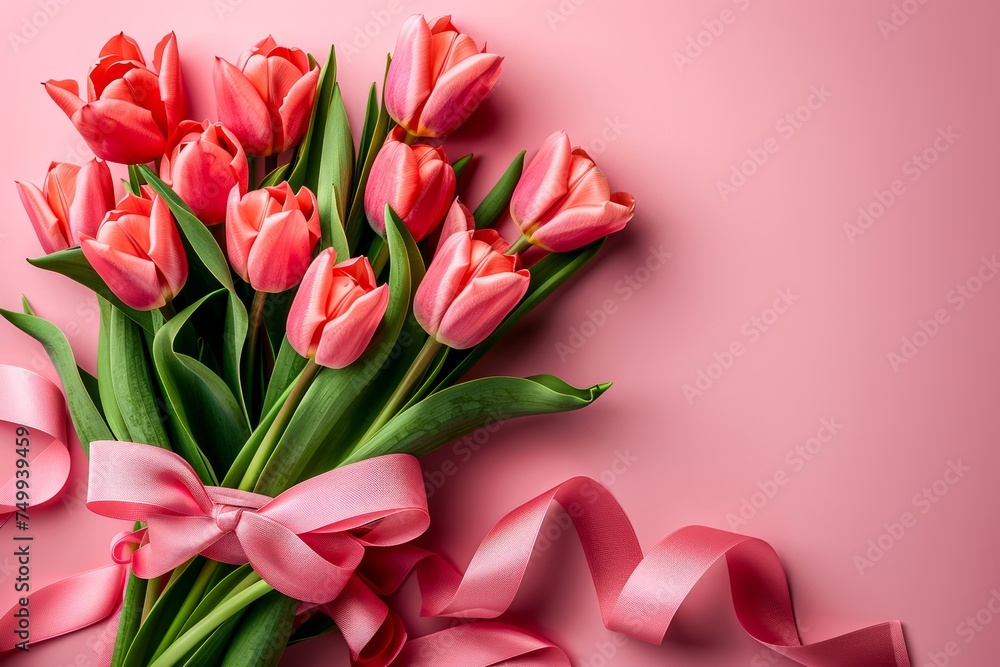 A bouquet of vivid pink tulips with a satin ribbon placed against a soft pink background, symbolizing love and elegance A bouquet of vivid pink tulips with a satin ribbon placed against a soft pink background, symbolizing love and elegance
