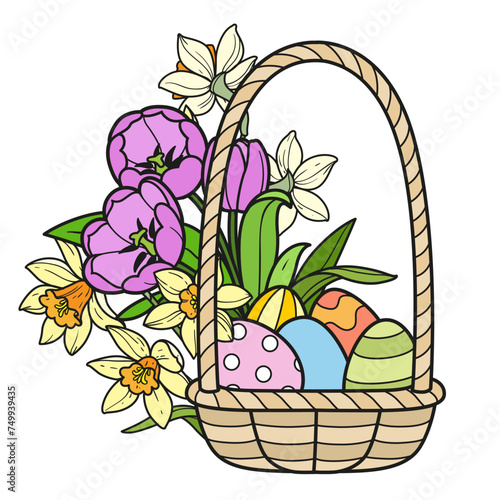 Basket  full of painted Easter eggs with tulip and narcissus flowers color variation on a white background