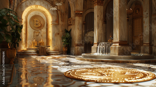 Sophisticated luxurious interior with golden decoration of the bitcoin logo, symbolizing wealth and economic growth, with high ancient columns, marble floor, and mini waterfall