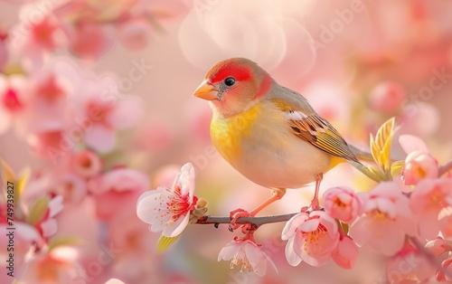 A finch lightly perches on a branch, decorated with pink blossoms of the spring © Pure Imagination