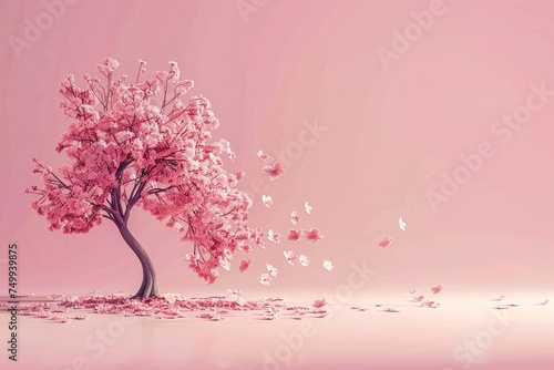 A serene pink cherry blossom tree shedding its petals gently in a surreal dreamy landscape © Radomir Jovanovic