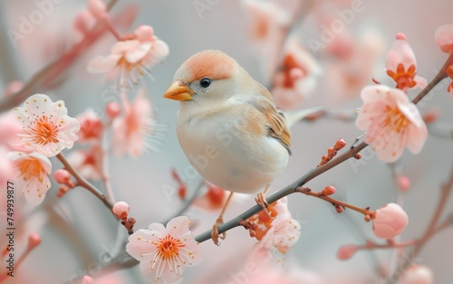 A dainty finch perches on a branch graced with pink blossoms of spring © Pure Imagination