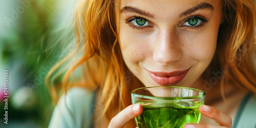 Beautiful girl drinks healthy green tea. Healthcare or herbal medicine concept.