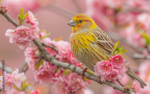 On a branch decorated with pink spring flowers, a finch rests gently © Pure Imagination