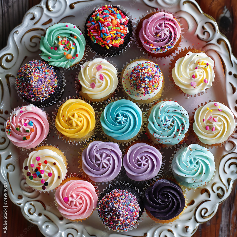 An overhead shot of a platter of assorted mini cupcakes An overhead shot of a platter of assorted mini cupcakes