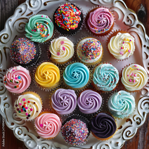 An overhead shot of a platter of assorted mini cupcakes