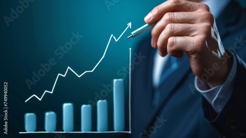 Businessmen draw growth graphs and analyze financial and investment data. It focuses on business planning and strategy. on a blue background