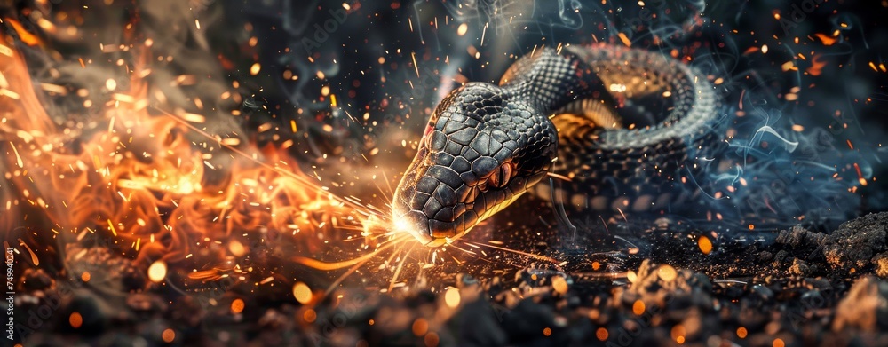 Fototapeta premium An intense, dynamic depiction of a slithering snake amidst a field of fiery sparks and embers, conveying power and danger
