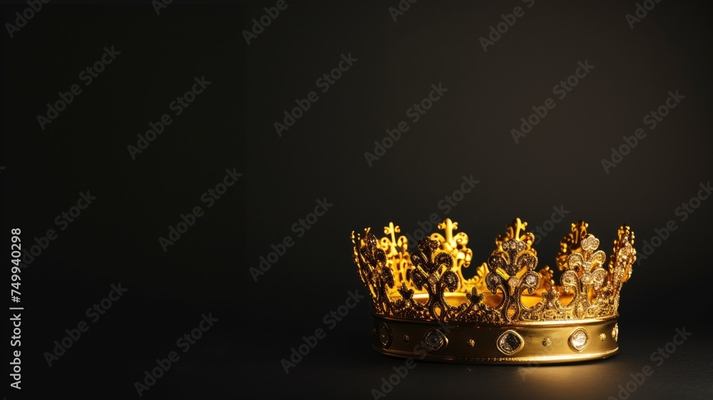 A majestic golden crown adorned with gems against a dark backdrop