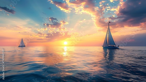 Sailing boats dotting the horizon at sunset, with copy space