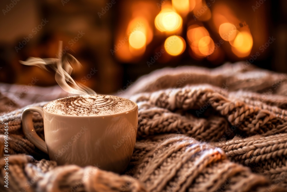 custom made wallpaper toronto digitalA warm and inviting scene featuring a steaming cup of coffee wrapped in soft knitted fabric against a fireplace backdrop