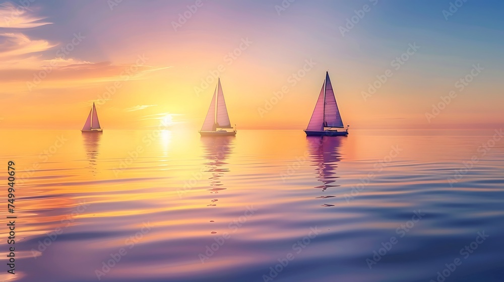 Sailboats gliding across calm waters at sunset, with copy space