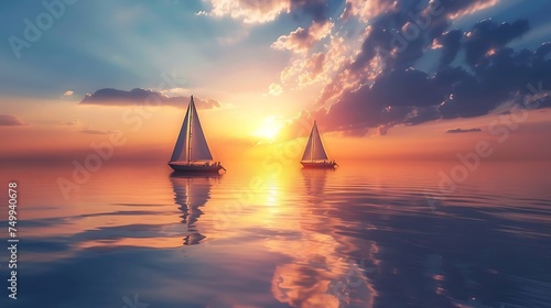 Sailboats gliding across calm waters at sunset, with copy space