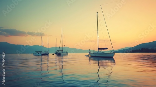 Sailboats anchored in a tranquil bay at sunset, with copy space © MuhammadInaam
