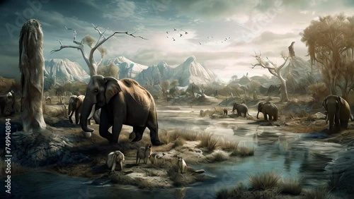 GAME DESIGN BACKGROUND: 10,000 BC forests habitat for a vast array of creatures: elephants and mammoths, tigers, primates, birds, reptiles, and insects. AI-generated photo