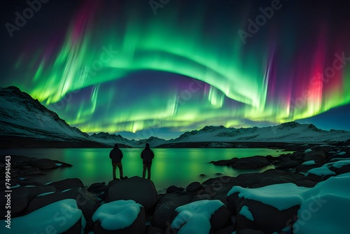 aurora borealis and male silhouette landscape with polar lights, 
